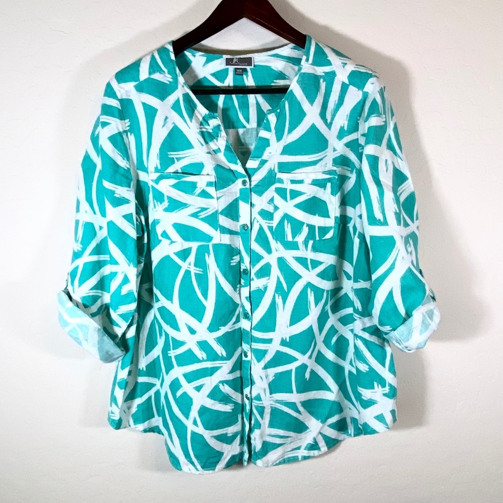 JM Collection Linen Roll-Tab Sleeve Abstract Print Top Plus Size 16W Aqua White